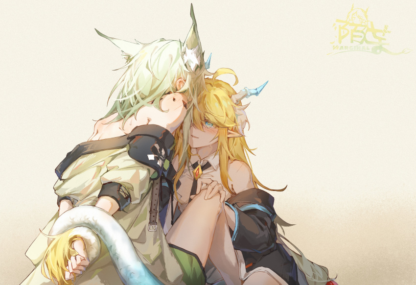 2girls absurdres ahoge animal_ear_fluff arknights artist_name bare_shoulders beige_background between_legs black_jacket black_neckwear blonde_hair blue_eyes blush bound bound_wrists chinese_commentary dragon_girl dragon_horns dragon_tail dress extra_ears fang from_behind fur-tipped_tail green_dress green_hair hand_on_another's_knee highres horns jacket kal'tsit_(arknights) long_hair looking_at_another lynx_ears moyu_marginal multiple_girls multiple_sources necktie off-shoulder_dress off_shoulder original oripathy_lesion_(arknights) parted_lips pointy_ears seiza shirt short_hair simple_background sitting sleeveless sleeveless_shirt sweatdrop tail tail_wrap thighs very_long_hair white_shirt yuri