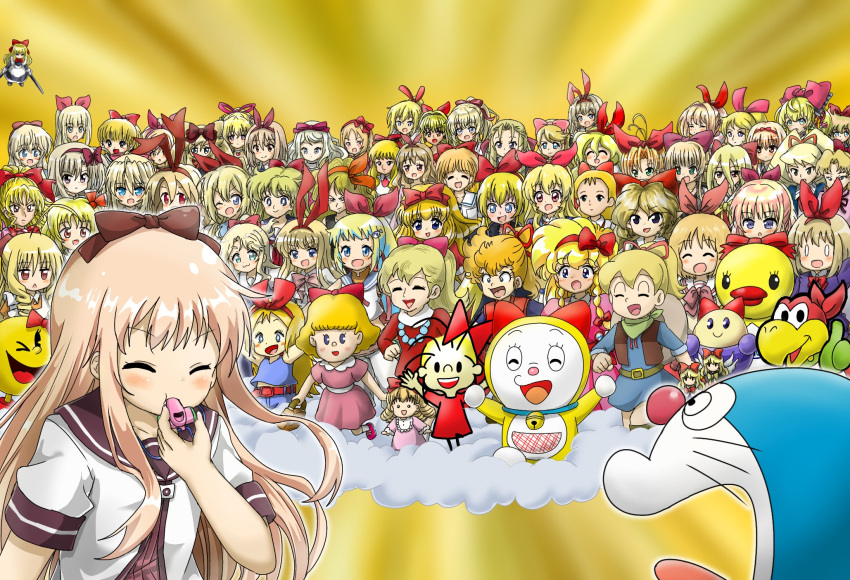 absolutely_everyone aino_minako blonde_hair blue_eyes bow braid character_request copyright_request crossover doraemon_(character) dorami dust_cloud everyone eyebrows_visible_through_hair flonne highres hoshimiya_ichigo hourai_doll marihei64ds ms._pac-man red_bow red_eyes rumia running_towards_viewer school_uniform shanghai_doll toshinou_kyouko whistle yamada_elf