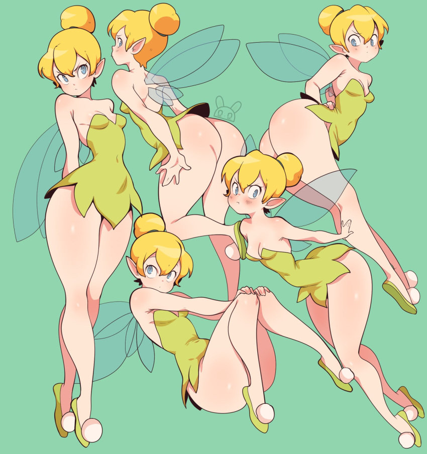 1girl :t arms_behind_back ass bare_legs blonde_hair blush breasts closed_mouth dress english_commentary fairy fairy_wings green_background green_dress green_footwear hair_between_eyes hair_bun hand_on_hip highres multiple_views niucniuc no_panties peter_pan_(disney) pointy_ears pom_pom_(clothes) pout short_dress signature simple_background small_breasts strapless strapless_dress tinker_bell_(disney) wings