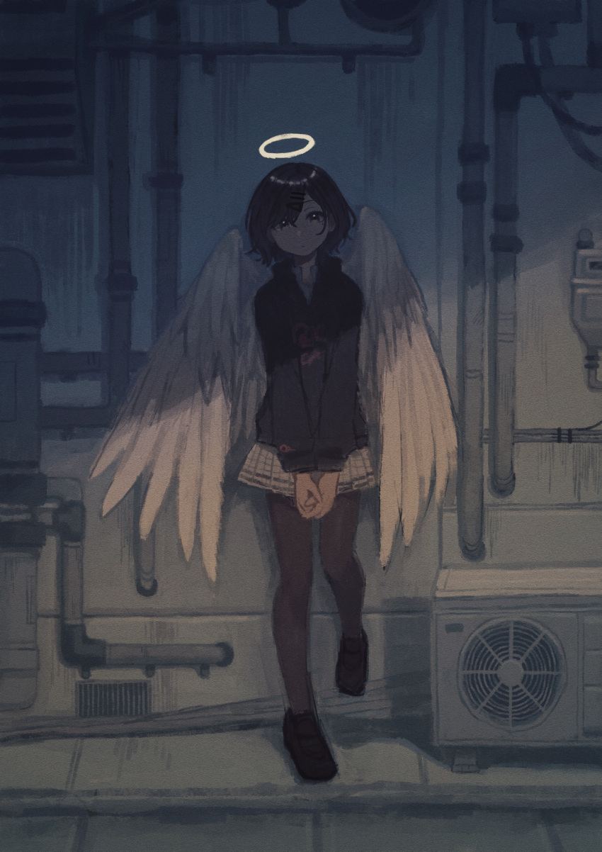 1girl against_wall air_conditioner alley angel_wings black_legwear feathered_wings hair_ornament hairclip halo hands_together highres higuchi_madoka idolmaster idolmaster_shiny_colors loafers mole mole_under_eye nonaprev outdoors pantyhose pipes plaid plaid_skirt pleated_skirt shoes short_hair skirt solo standing sweatshirt white_wings wings