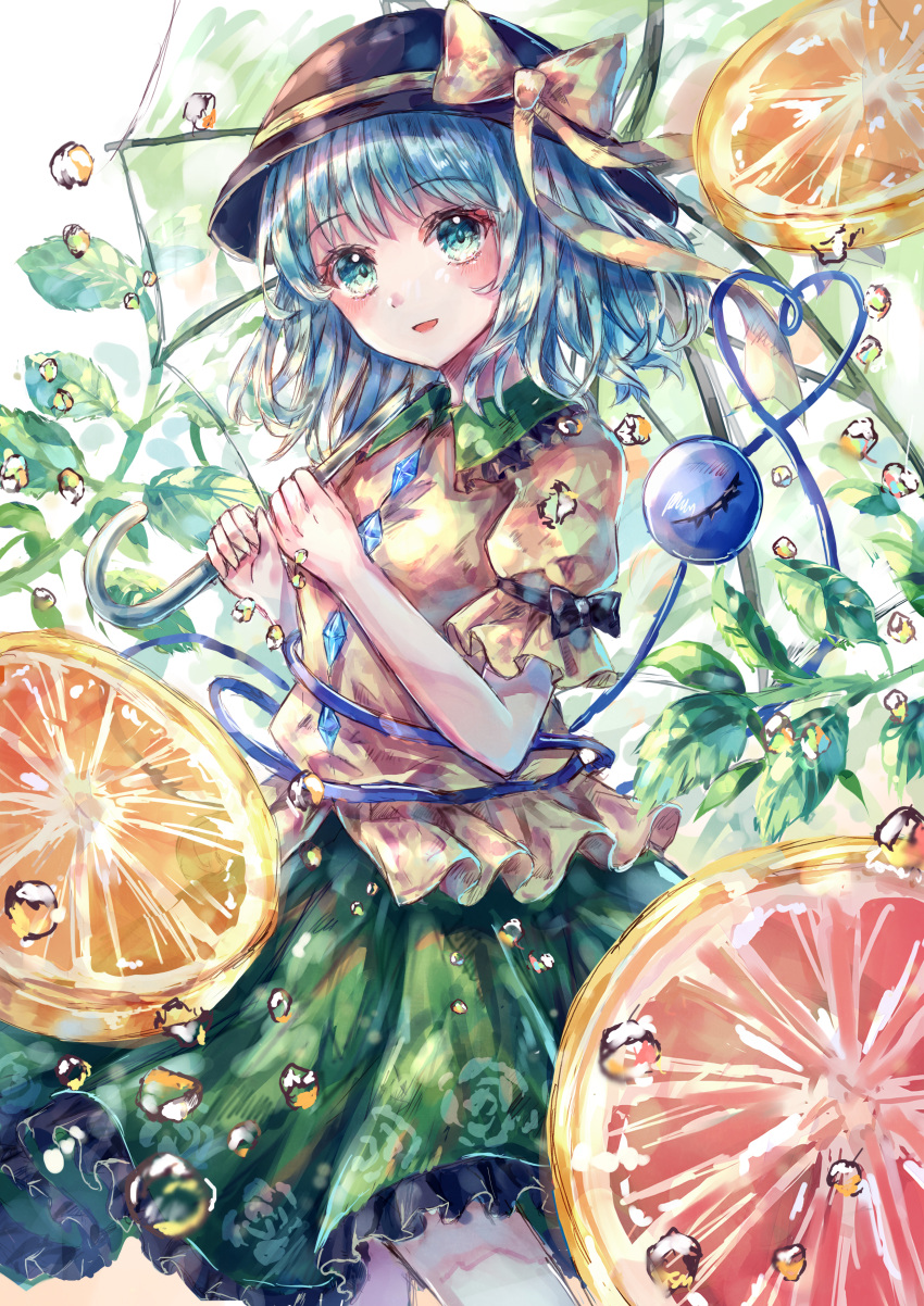 1girl absurdres bangs black_bow black_headwear bow collar crystal eyebrows_visible_through_hair food fruit grapefruit green_collar green_eyes green_hair green_skirt hands_up hat hat_bow highres komeiji_koishi leaf looking_at_viewer open_mouth orange_(food) puffy_short_sleeves puffy_sleeves shirt short_hair short_sleeves skirt smile solo suzushina touhou umbrella water yellow_bow yellow_shirt yellow_sleeves