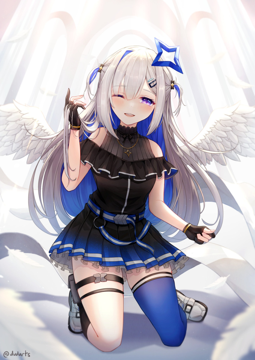 1girl absurdres amane_kanata angel_wings arch belt black_gloves blue_hair blurry cathedral colored_inner_hair depth_of_field dress dvdarts eyelashes feathers fingernails gloves gold_necklace hair_flowing_over hair_ornament hairclip hand_up highres holding holding_hair hololive jewelry kneeling long_hair looking_at_viewer multicolored_hair necklace one_eye_closed open_mouth partially_fingerless_gloves purple_eyes silver_hair single_thighhigh sleeveless sleeveless_dress smile solo thigh_pouch thigh_strap thighhighs twitter_username two-tone_hair two_side_up very_long_hair virtual_youtuber white_wings wings
