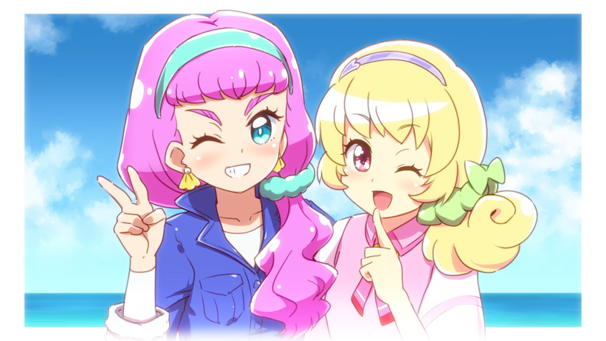 2girls ;d aikatsu!_(series) aikatsu_stars! aqua_hairband aqua_scrunchie blonde_hair blue_eyes blue_jacket blue_sky border bow checkered_hairband close-up cloud cloudy_sky collarbone collared_jacket collared_vest commentary_request crossover curly_hair day earrings eyebrows_visible_through_hair face green_bow green_scrunchie grin hair_bow hair_ornament hair_over_shoulder hair_scrunchie hair_up hairband hand_up heart heart_hair_ornament heart_in_eye highres hinata_yume index_finger_raised jacket jewelry laura_(precure) long_hair looking_at_viewer mewkledreamy multiple_girls namesake neck_ribbon ocean one_eye_closed open_mouth outdoors outside_border pink_eyes pink_hair pink_neckwear pink_ribbon pink_vest pointing pointing_up precure purple_hairband ribbon rin_takanashi_glacies scrunchie shell shell_earrings shirt shoulder-to-shoulder side_ponytail sky smile star_(symbol) star_in_eye striped striped_neckwear striped_ribbon symbol_in_eye teeth thick_eyebrows tropical-rouge!_precure undershirt upper_body v vest white_border white_shirt