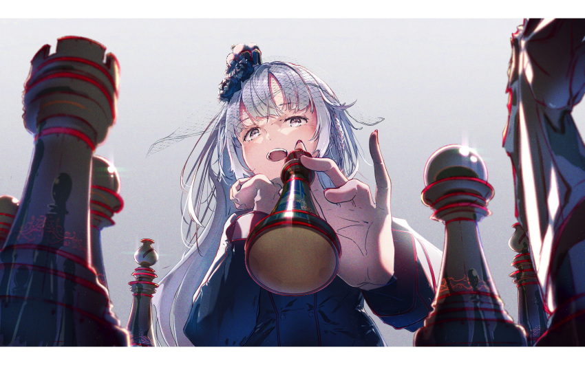 1girl absurdres bangs blue_flower blue_shirt board_game braid brown_eyes chess chess_piece chromatic_aberration commentary eyebrows_visible_through_hair fangs fishnets flower from_below grey_background grey_hair hair_flower hair_ornament hand_up head_rest highres holding holding_chess_piece knight_(chess) lens_flare long_hair long_sleeves looking_at_viewer looking_down nail_polish open_mouth original pawn_(chess) queen_(chess) reflection rook_(chess) shirt simple_background sleeve_cuffs solo upper_body veil x_x_fry