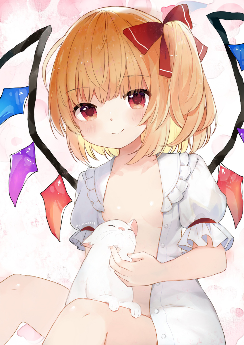 1girl absurdres animal bangs blonde_hair blunt_bangs blush bow breasts cat closed_mouth crystal eyebrows_visible_through_hair feet_out_of_frame flandre_scarlet frilled_shirt_collar frills hair_bow highres looking_at_viewer niseneko_(mofumofu_ga_ienai) no_hat no_headwear one_side_up open_clothes open_shirt petting puffy_short_sleeves puffy_sleeves red_bow red_eyes shirt short_hair short_sleeves simple_background sitting small_breasts smile solo touhou white_background white_shirt wings