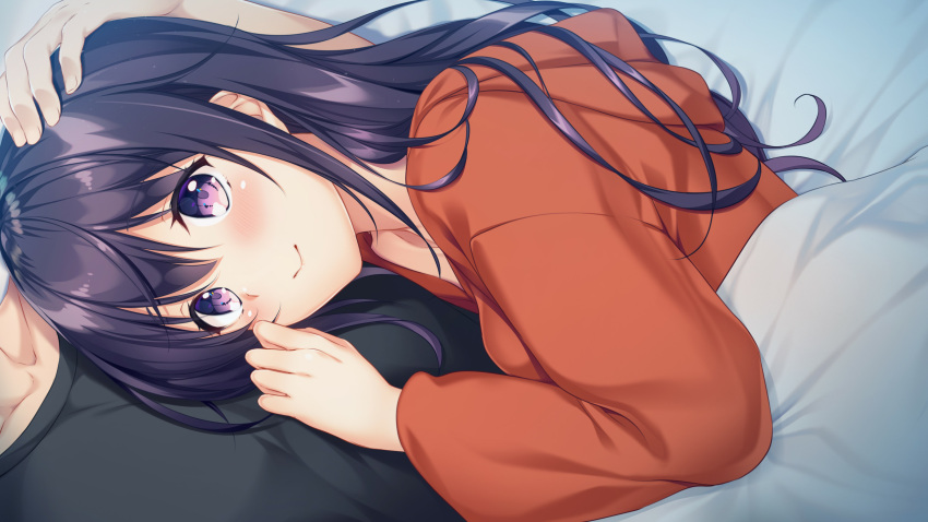 1boy 1girl ayase_hazuki bangs bed bedroom black_eyes black_hair black_skirt blanket game_cg hand_on_another's_head highres long_hair long_sleeves lying lying_on_person official_art on_bed on_side orange_shirt sakurazaka_yuzuki shared_blanket shirt skirt smile yubisaki_connection