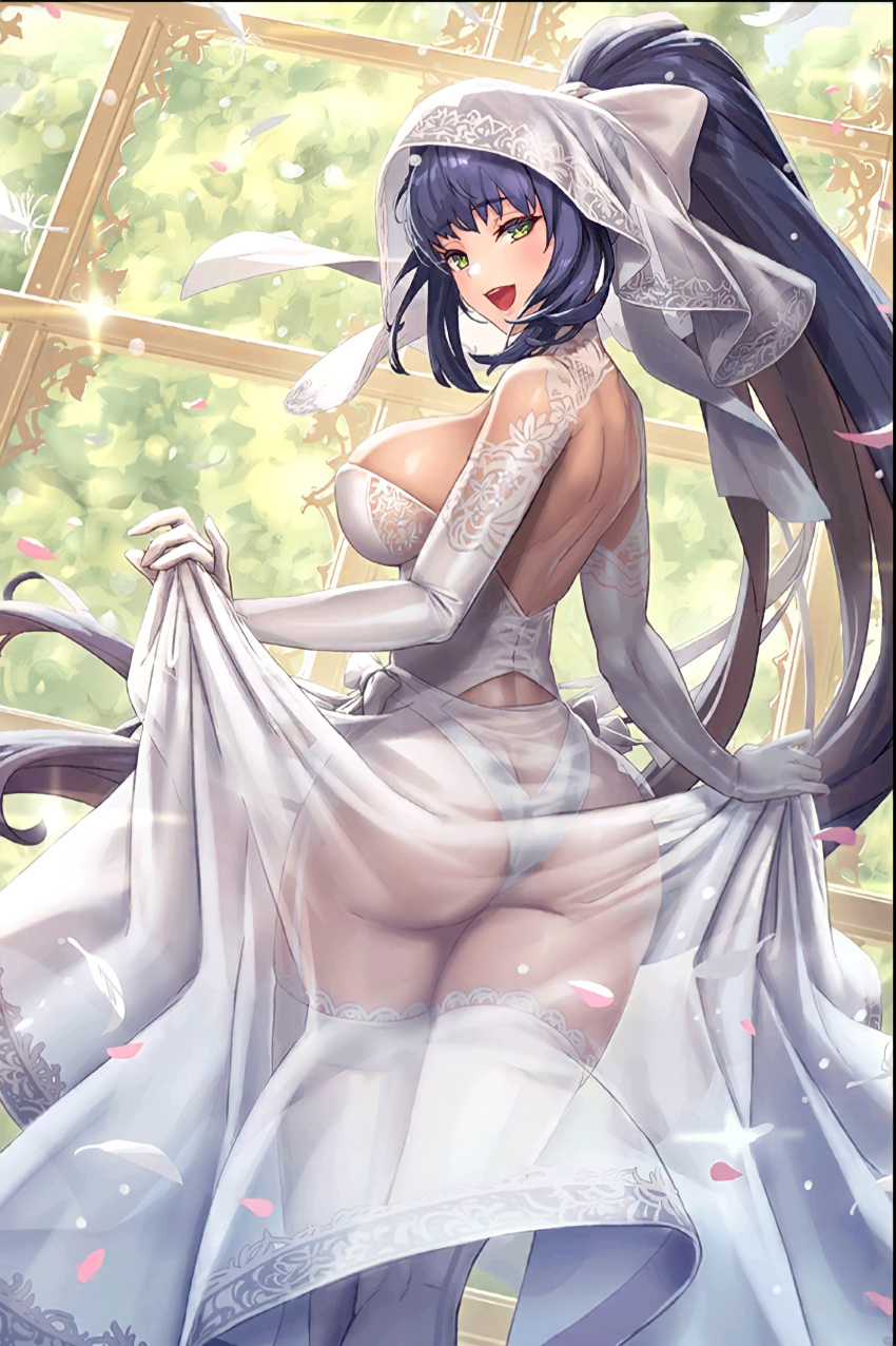 1girl absurdres ass ass_focus bare_back blue_hair breasts bridal_gauntlets bridal_legwear bridal_lingerie bridal_veil bride clothes_lift cuboon detached_sleeves dress elbow_gloves evertale from_behind gloves green_eyes happy highres lace lace-trimmed_dress lace_trim leotard lingerie looking_at_viewer looking_back ludmilla open_mouth paladin ponytail see-through see-through_dress see-through_skirt sideboob skindentation skirt skirt_lift smile solo thick_thighs thighhighs thighs underwear veil wedding_dress white_legwear white_leotard