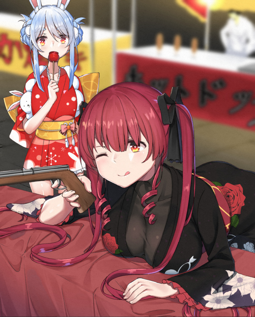 1girl ;q alternate_costume bent_over black_kimono black_ribbon blurry blurry_background breast_rest breasts cleavage depth_of_field floral_print hair_ribbon highres hololive houshou_marine japanese_clothes kaname_(melaninusa09) kimono large_breasts light_blush long_hair one_eye_closed print_kimono red_eyes red_hair ribbon ringlets shooting_gallery sidelocks skin_tight solo solo_focus summer_festival tongue tongue_out twintails usada_pekora virtual_youtuber