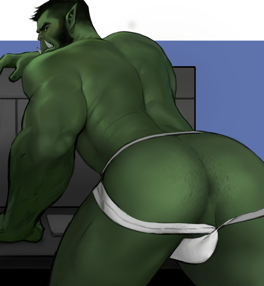 1boy anal_hair ass ass_focus ass_hair back bara beard black_hair colored_skin facial_hair fangs from_behind green_skin highres jang_ju_hyeon jockstrap leaning_forward looking_at_viewer male_focus male_underwear mature_male monster_boy muscular muscular_male orc original pointy_ears reward_available short_hair solo thick_eyebrows thick_thighs thighs underwear underwear_only white_male_underwear