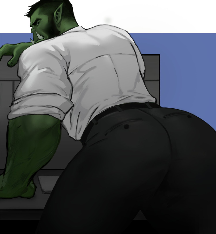 1boy ass ass_focus bara beard black_hair black_pants colored_skin facial_hair fangs from_behind green_skin highres jang_ju_hyeon leaning_forward looking_at_viewer male_focus mature_male monster_boy muscular muscular_male orc original pants pointy_ears reward_available shirt short_hair sleeves_rolled_up solo thick_eyebrows thick_thighs thighs white_shirt