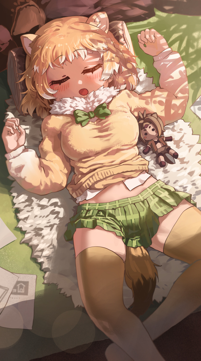 1girl american_beaver_(kemono_friends) animal_ears bangs black-tailed_prairie_dog_(kemono_friends) blonde_hair blush bow bowtie character_doll closed_eyes doll eyebrows_visible_through_hair from_above fur_collar hands_up highres indoors kemono_friends knees_apart_feet_together long_sleeves lying medium_hair melaton microskirt midriff_peek multicolored_hair on_back on_floor open_mouth pillow plaid plaid_skirt prairie_dog_ears prairie_dog_tail skirt sleeping solo stomach sweater tail thighhighs two-tone_hair white_hair zettai_ryouiki