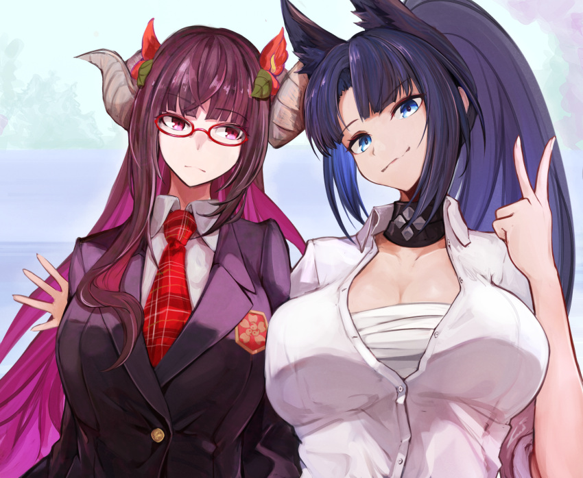 2girls animal_ear_fluff animal_ears azur_lane bangs bespectacled black_hair black_jacket blazer blue_eyes breasts cleavage collarbone collared_shirt curled_horns dress_shirt eyebrows_visible_through_hair fox_ears fox_girl glasses horns jacket kii_(azur_lane) large_breasts long_hair long_sleeves looking_at_another looking_at_viewer marshall_k multiple_girls necktie official_alternate_costume partially_unbuttoned plaid_neckwear purple_eyes purple_hair red-framed_eyewear red_neckwear sarashi school_uniform shirt smile suruga_(azur_lane) suruga_(straightfaced_model_student)_(azur_lane) unbuttoned unbuttoned_shirt upper_body v white_shirt