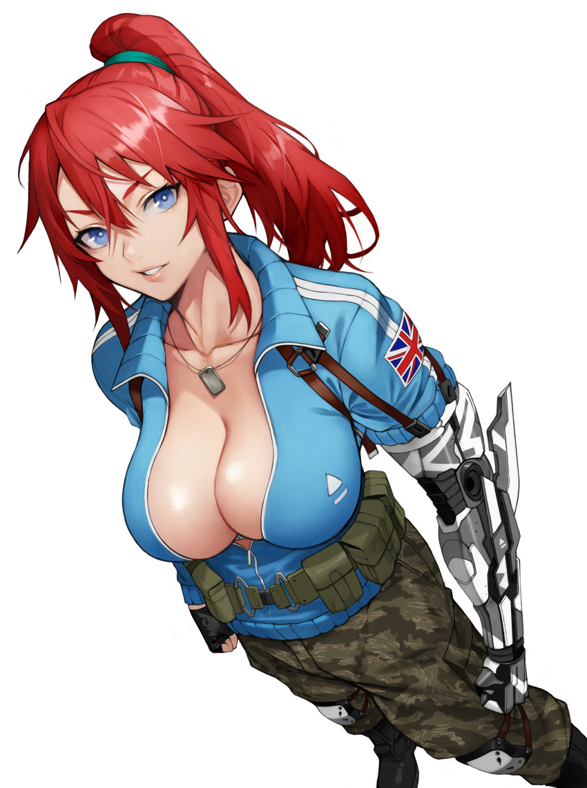 1girl absurdres bangs belt belt_pouch black_gloves blue_eyes boots breasts camouflage caroline_darkholme cleavage clenched_hands collarbone commentary_request dog_tags english_flag flag gakuen_taisen_valkyries gloves gradient gradient_background highres jacket knee_pads lips long_sleeves looking_at_viewer mechanical_arms military parted_lips ponytail pouch red_hair shiny shiny_hair shiny_skin sidelocks simple_background single_mechanical_arm smile solo tied_hair white_background yoshio_(55level) zipper zipper_pull_tab