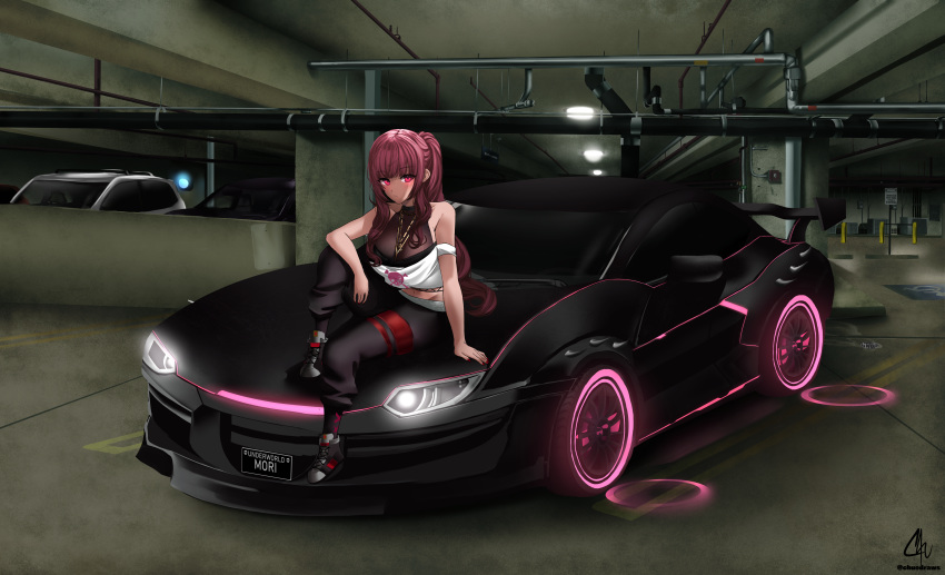 1girl absurdres bangs blush breasts car chu-e english_text fishnet_top fishnets ground_vehicle hand_on_own_leg headlight highres hololive hololive_english huge_filesize jacket jewelry knee_up large_breasts license_plate lights long_hair looking_at_viewer midriff mori_calliope motor_vehicle navel necklace off_shoulder official_alternate_costume official_alternate_hairstyle on_vehicle pants parking_garage parking_lot pink_hair ponytail red_eyes see-through sitting skull_print solo spoiler_(automobile) sports_car tire vehicle_focus virtual_youtuber