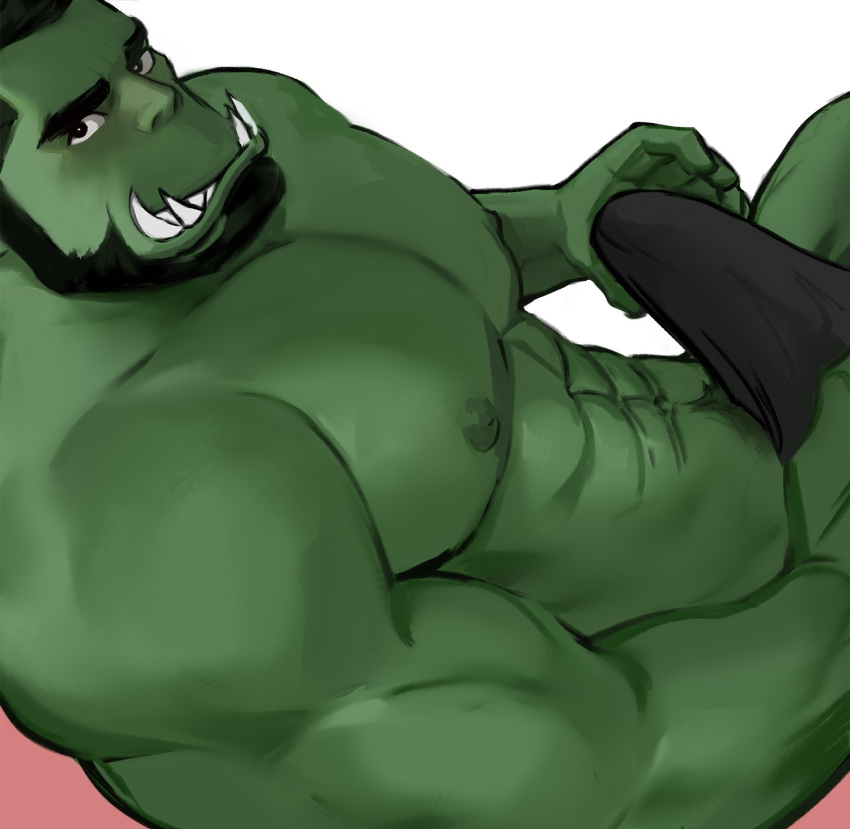 1boy abs bara beard black_hair brown_male_underwear bulge colored_skin erection erection_under_clothes facial_hair fangs from_side green_skin highres jang_ju_hyeon large_pectorals loincloth looking_at_viewer lying male_focus mature_male monster_boy muscular muscular_male navel navel_hair nipples on_back orc original pectorals pointy_ears reward_available short_hair solo stomach thick_eyebrows thick_thighs thighs underwear underwear_only