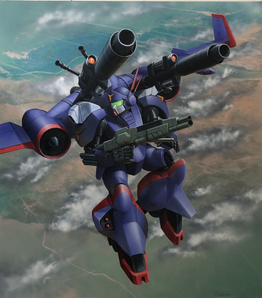 cloud d-2 flying gun highres holding holding_gun holding_weapon kikou_senki_dragonar looking_to_the_side mecha mechanical_wings no_humans official_alternate_costume open_hand ryukow_masseau science_fiction shoulder_cannon solo visor weapon wings