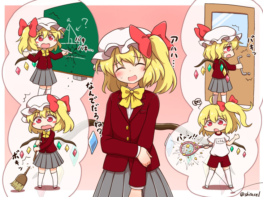 1girl ^^^ alternate_costume ball bangs blonde_hair blush_stickers broom chalkboard closed_eyes commentary_request crystal destruction door_handle eyebrows_visible_through_hair flandre_scarlet grey_skirt gym_uniform hat head_tilt highres holding holding_broom long_sleeves mob_cap nervous_smile open_mouth pleated_skirt racket shitacemayo side_ponytail skirt solo sweatdrop tennis_ball tennis_racket touhou translation_request twitter_username white_headwear white_legwear wings yellow_neckwear