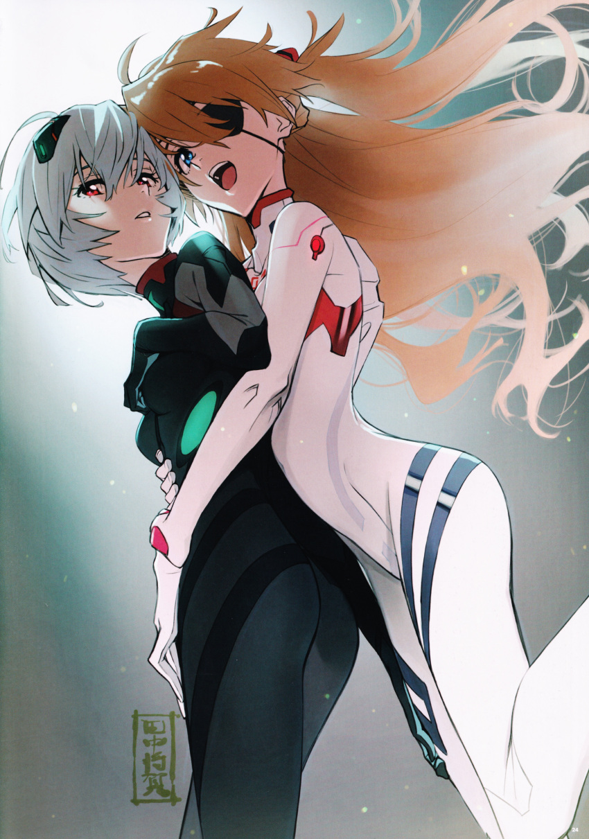 2girls :d absurdres artbook ayanami_rei black_bodysuit blue_hair bodysuit evangelion:_3.0+1.0_thrice_upon_a_time eyepatch from_below highres hug hug_from_behind multiple_girls neon_genesis_evangelion official_art open_mouth plugsuit rebuild_of_evangelion scan short_hair smile souryuu_asuka_langley tanaka_masayoshi white_bodysuit