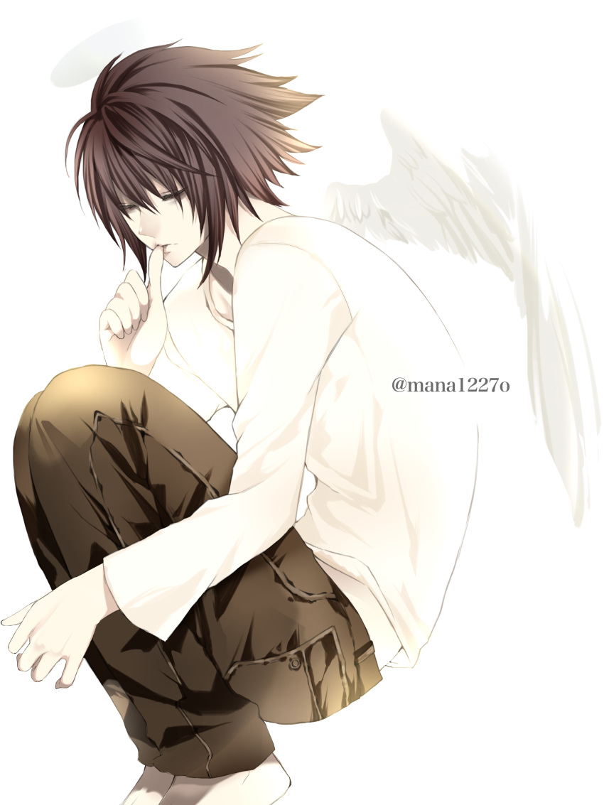 1boy absurdres angel_wings bangs black_hair brown_pants closed_eyes death_note feathered_wings from_side hair_between_eyes highres kamiyamana l_(death_note) long_sleeves male_focus medium_hair pants shirt simple_background single_wing solo spiked_hair thumb_to_mouth twitter_username white_background white_shirt white_wings wings