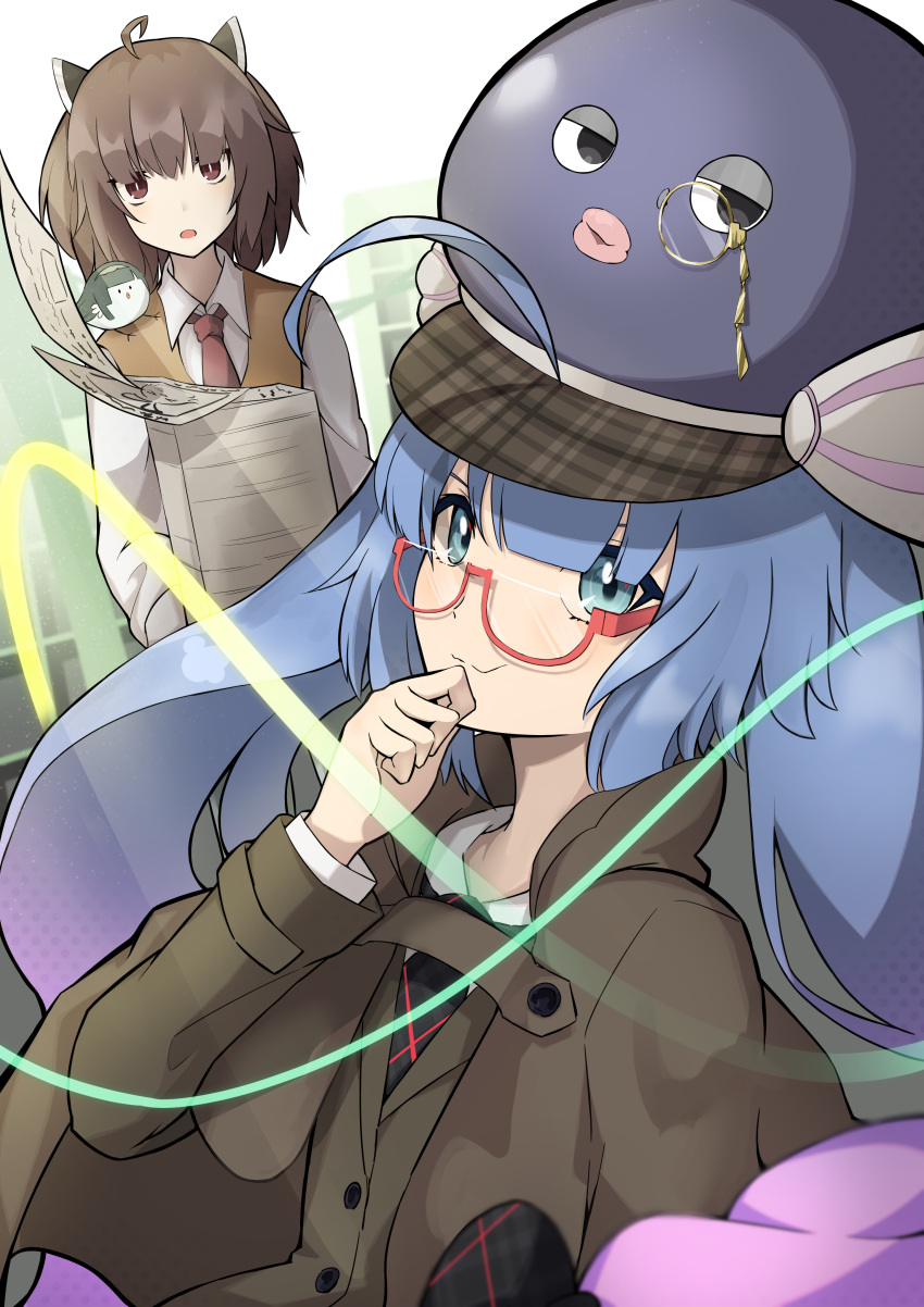 2girls :3 absurdres ahoge animal_on_shoulder animification aqua_eyes bangs bird bird_on_shoulder blue_hair blue_headwear blunt_bangs brown_coat brown_eyes brown_hair brown_vest coat commentary detective eel_hat gradient_hair hair_ornament hand_on_own_chin highres holding holding_paper kashisuover long_hair looking_at_viewer monocle multicolored_hair multiple_girls necktie otomachi_una paper paper_stack pink_hair plaid_headwear red-framed_eyewear red_neckwear semi-rimless_eyewear shirt short_hair talkex thinking touhoku_kiritan touhoku_zunko very_long_hair vest vocaloid voiceroid white_shirt