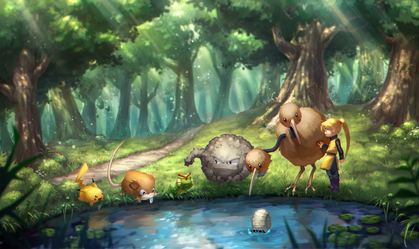 1girl avri bangs belt black_shirt blonde_hair boots brown_belt caterpie commentary_request day doduo flower forest gen_1_pokemon grass graveler hair_tie highres light_rays lily_pad long_hair nature omanyte orange_flower outdoors pants path pikachu pokemon pokemon_(creature) pokemon_adventures pond ponytail purple_footwear raticate shirt standing tied_hair tree tunic water yellow_(pokemon)