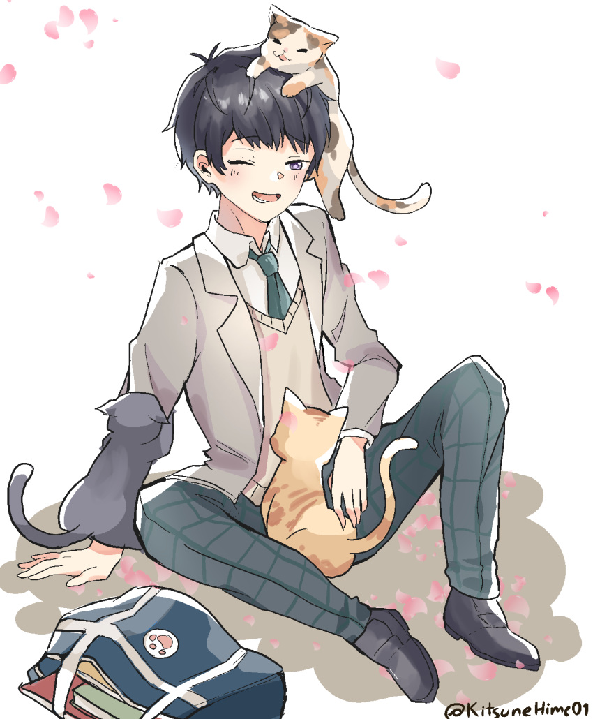 1boy animal_on_head bag black_footwear black_hair blazer blue_neckwear blush brown_cardigan brown_eyes cardigan cat cherry_blossoms collared_shirt commentary highres jacket kitsunehime01 matsuno_ichimatsu necktie notebook on_ground on_head one_eye_closed osomatsu-san osomatsu-san_the_movie school_bag shirt shoes short_hair smile solo twitter_username white_background white_shirt