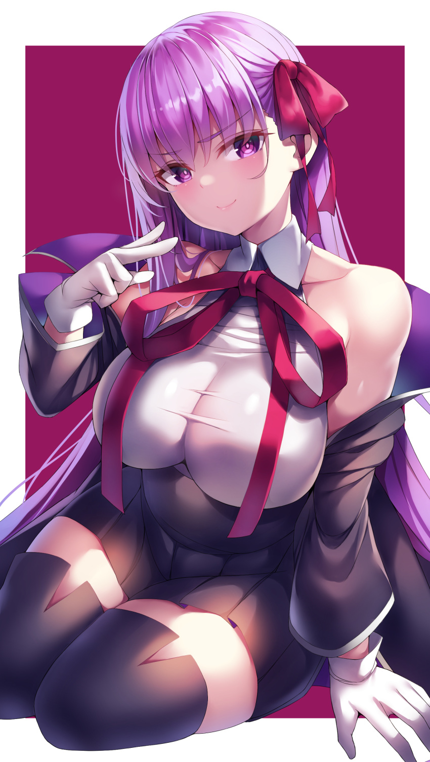 1girl absurdres bangs bb_(fate) bb_(fate)_(all) black_coat black_skirt blush breasts coat fate/extra fate/extra_ccc fate_(series) gloves hair_ribbon high-waist_skirt highres large_breasts leotard long_hair long_sleeves looking_at_viewer nano_(syoutamho) neck_ribbon open_clothes open_coat popped_collar purple_eyes purple_hair red_ribbon ribbon skirt thighs very_long_hair white_gloves white_leotard wide_sleeves