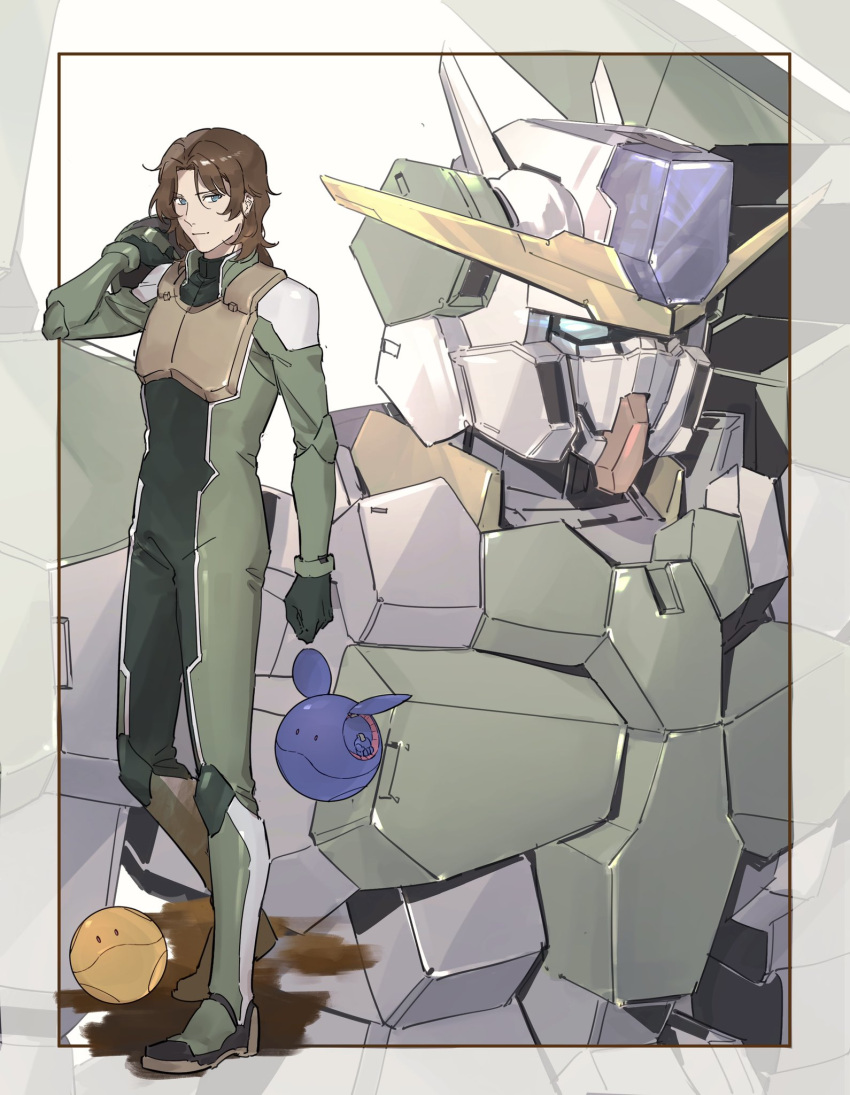 1boy bangs brown_hair green_eyes gundam gundam_00 gundam_00_a_wakening_of_the_trailblazer gundam_zabanya hair_behind_ear haro highres lockon_stratos male_focus mecha mobile_suit nanao_parakeet parted_bangs pilot_suit robot shadow smile upper_body v-fin