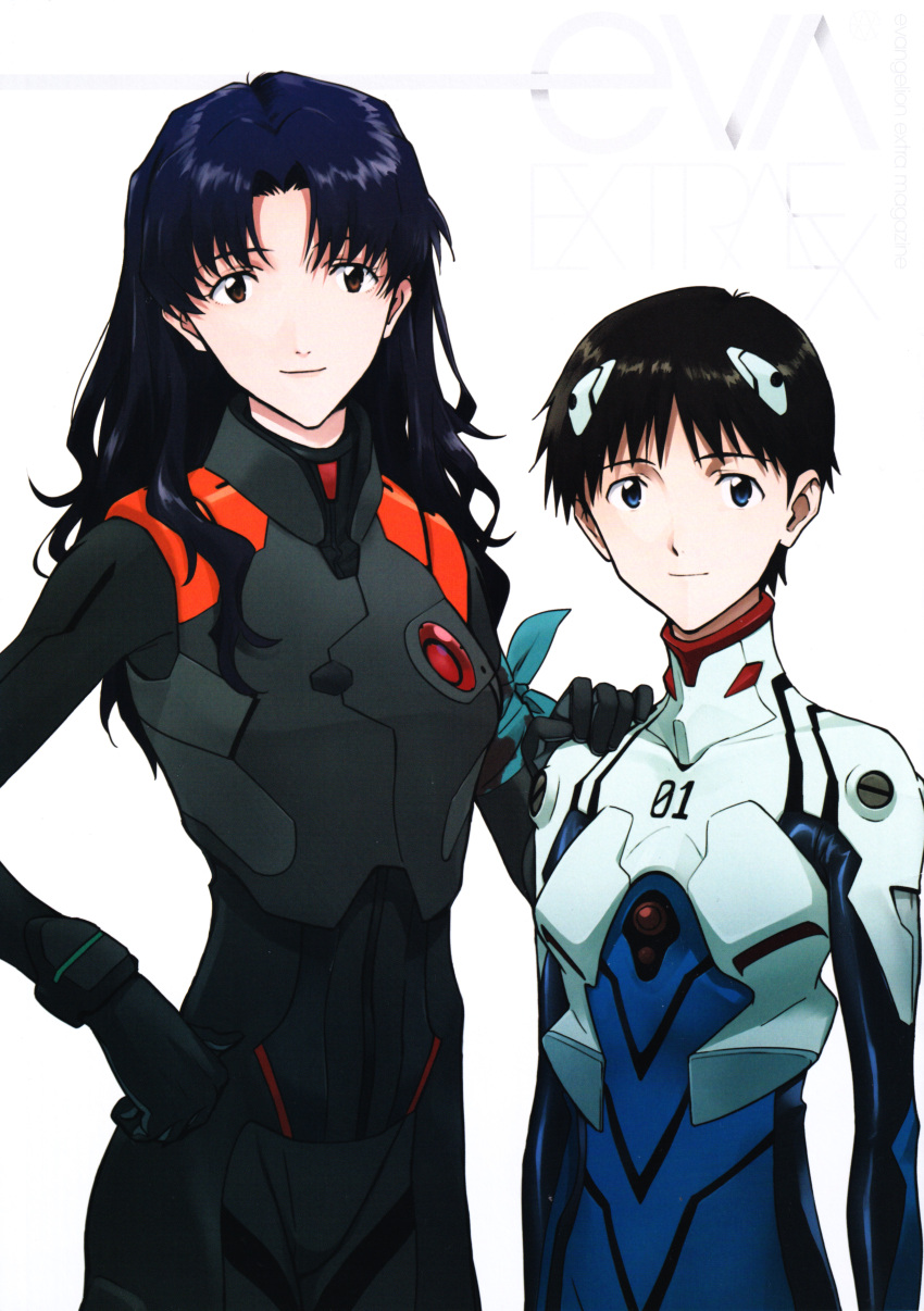 1boy 1girl absurdres age_difference artbook black_bodysuit blue_bodysuit blue_hair bodysuit brown_hair evangelion:_3.0+1.0_thrice_upon_a_time hand_on_another's_shoulder highres ikari_shinji katsuragi_misato neon_genesis_evangelion nishigori_atsushi official_art plugsuit rebuild_of_evangelion scan simple_background white_background