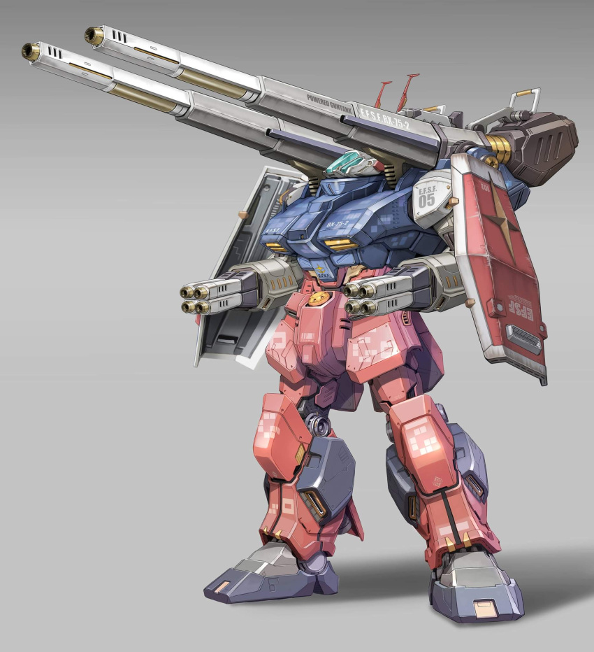 arm_cannon fusion grey_background guncannon gundam guntank highres maeda_hiroyuki mecha mobile_suit mobile_suit_gundam no_humans science_fiction shield shoulder_cannon solo standing weapon