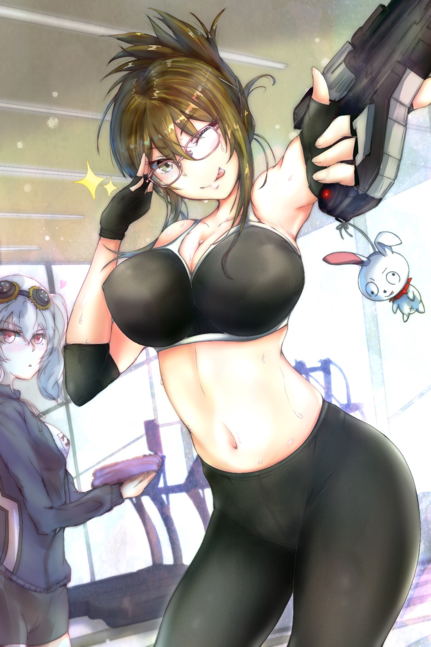 2girls bangs bike_shorts black_bra black_gloves black_shorts blue_jacket bra breasts brown_hair cleavage collarbone elbow_gloves eyebrows_visible_through_hair glasses gloves gun highres holding holding_gun holding_weapon jacket kisaragi_chitose large_breasts midriff multiple_girls navel nine_(super_robot_wars) purple_eyes rainier_(1976636922) red_eyes shorts silver_hair solo_focus sparkle sports_bra super_robot_wars super_robot_wars_v sweat tehepero tied_hair tongue tongue_out track_jacket treadmill twintails underwear v-shaped_eyebrows weapon