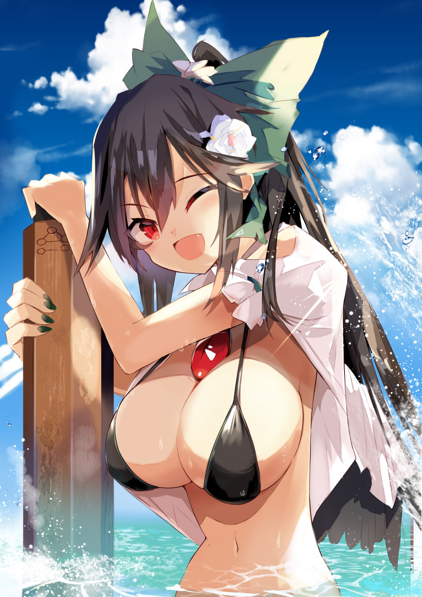 1girl ;d absurdres bangs bikini black_bikini black_hair black_nails blue_sky bow breasts cleavage cloud control_rod eyebrows_visible_through_hair fang flower green_bow hair_bow hair_flower hair_ornament highres holding large_breasts long_hair looking_at_viewer navel ocean one_eye_closed open_clothes open_mouth outdoors partially_submerged red_eyes reiuji_utsuho short_sleeves sky smile solo swimsuit tetsurou_(fe+) third_eye touhou upper_body wet white_flower