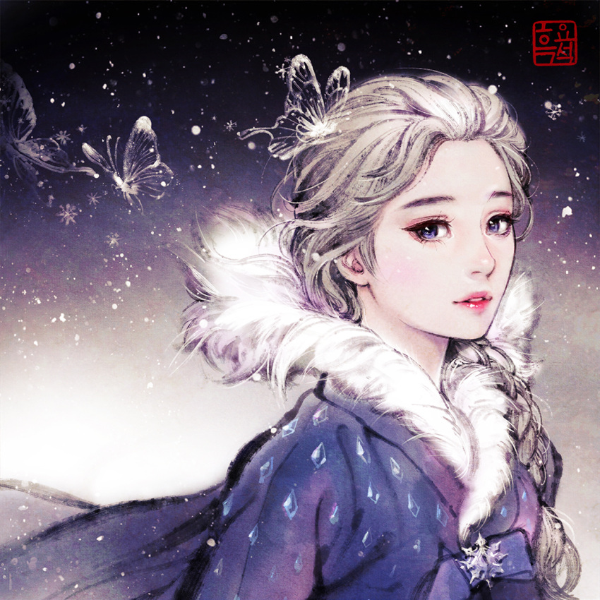 1girl 2020 alternate_costume blue_dress blue_eyes bow braid bug butterfly crystal crystal_dress disney dress elsa_(frozen) frozen_(disney) fur-trimmed_dress fur_collar fur_trim hanbok insect korean_clothes korean_text night night_sky olaf's_frozen_adventure photoshop_(medium) red_eyes signature sky snowflake_ornament snowflakes snowing solo traditional_clothes white_hair woohnayoung