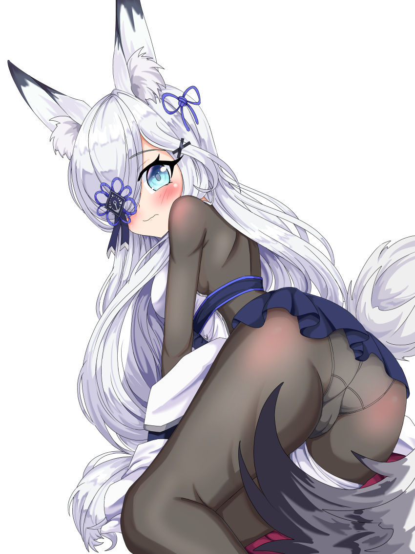 1girl absurdres animal_ear_fluff animal_ears aqua_eyes ass azur_lane blue_skirt blush bodystocking fox_ears fox_girl hair_ribbon highres kasumi_(azur_lane) long_hair looking_back one_eye_covered panties panties_under_pantyhose pantyhose retrofit_(azur_lane) ribbon skirt tagme tail underwear very_long_hair white_background white_hair