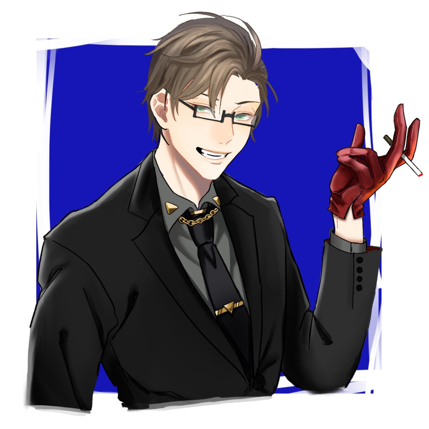 1boy black-framed_eyewear black_neckwear black_suit blue_background brown_hair cigarette glasses gloves green_eyes highres hypnosis_mic iruma_juuto male_focus necktie red_gloves smile solo upper_body yaoya315