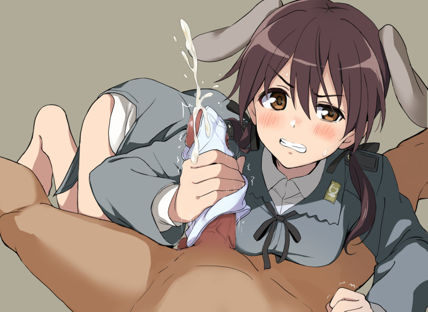 1girl blush breasts brown_eyes brown_hair clenched_teeth cum cum_in_clothes cum_in_panties gertrud_barkhorn handjob hetero looking_at_viewer panties panty_on_penis pantyjob penis shiny shiny_hair shiny_skin short_hair solo_focus strike_witches teeth tobiume_sayu underwear world_witches_series