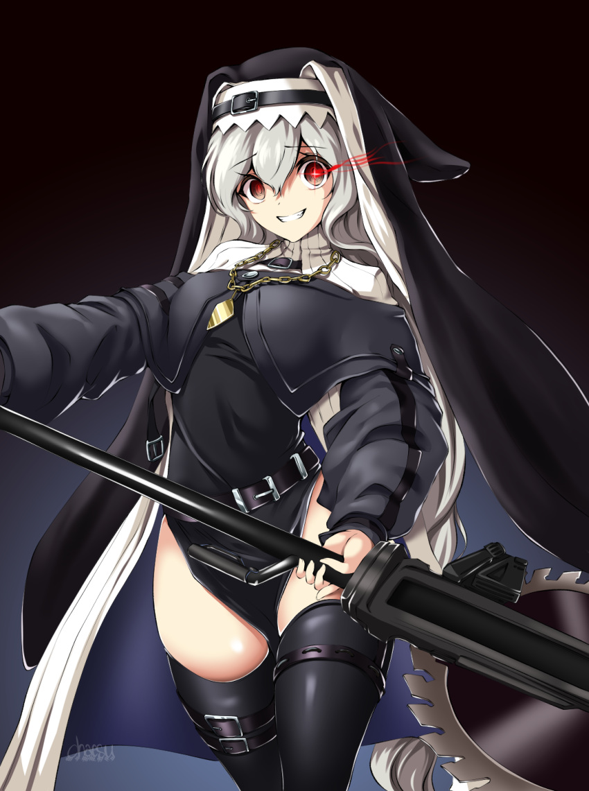 1girl arknights black_background black_legwear chaesu chain_necklace circular_saw cowboy_shot habit highres holding holding_weapon jewelry long_sleeves looking_at_viewer necklace nun parted_lips red_eyes signature simple_background smile solo specter_(arknights) thighhighs weapon