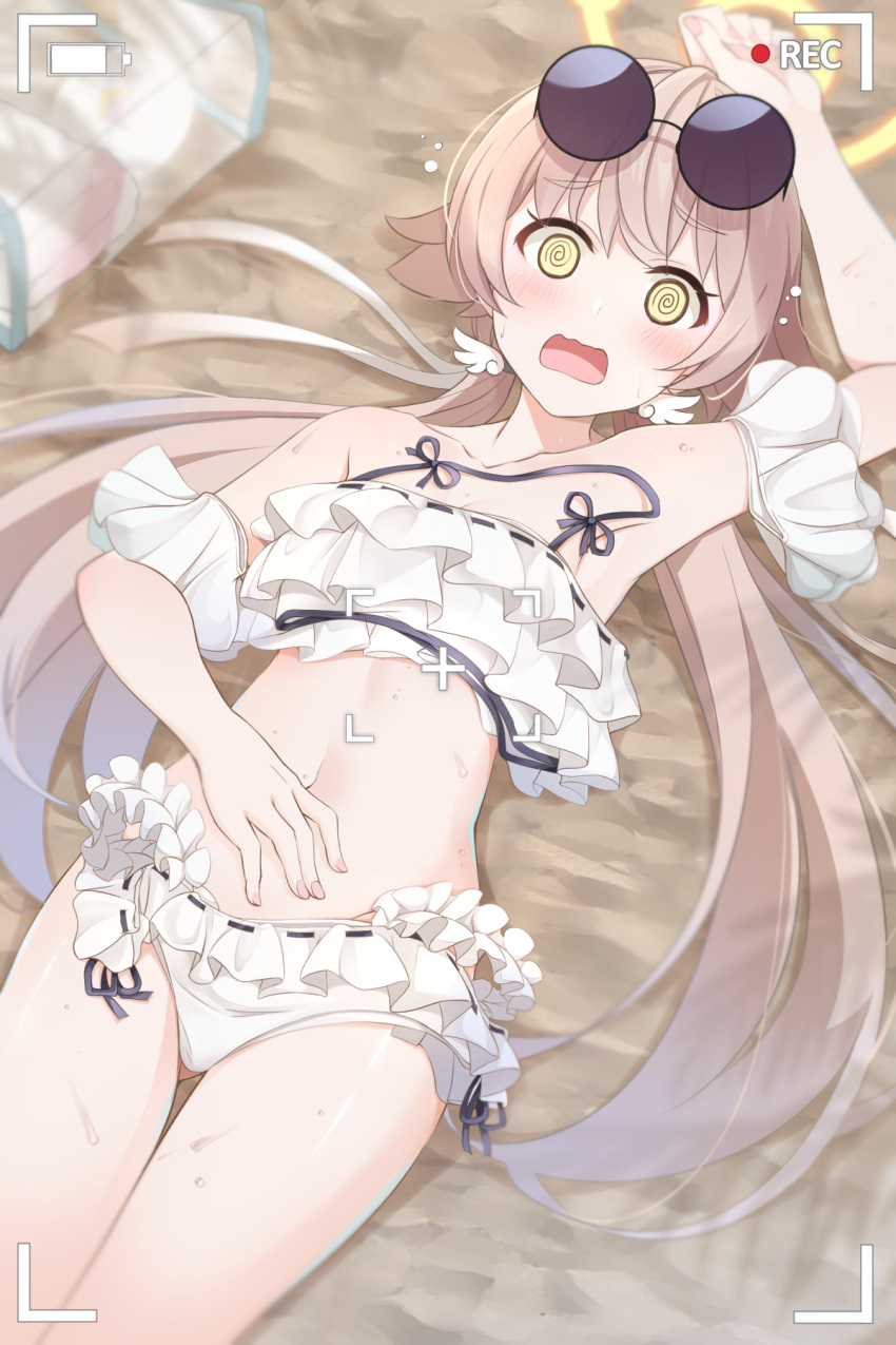 1girl @_@ armpits blue_archive blush breasts cleavage collarbone commentary hifumi_(blue_archive) highres hoshino_ouka light_brown_hair looking_at_viewer low_twintails lying navel open_mouth sand small_breasts solo sweat swimsuit twintails viewfinder yellow_eyes