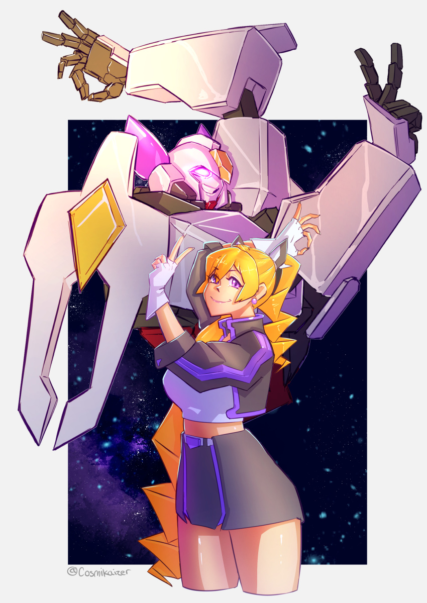 1girl absurdres artist_name bangs black_jacket blonde_hair blue_shirt breasts cosmikaizer cropped_jacket english_commentary galatikaizer glowing glowing_eye goodbye_sengen_(vocaloid) highres jacket lana_branford large_breasts long_hair looking_at_viewer mecha ok_sign original pink_eyes purple_eyes science_fiction shirt smile space twintails twitter_username uneven_twintails v very_long_hair