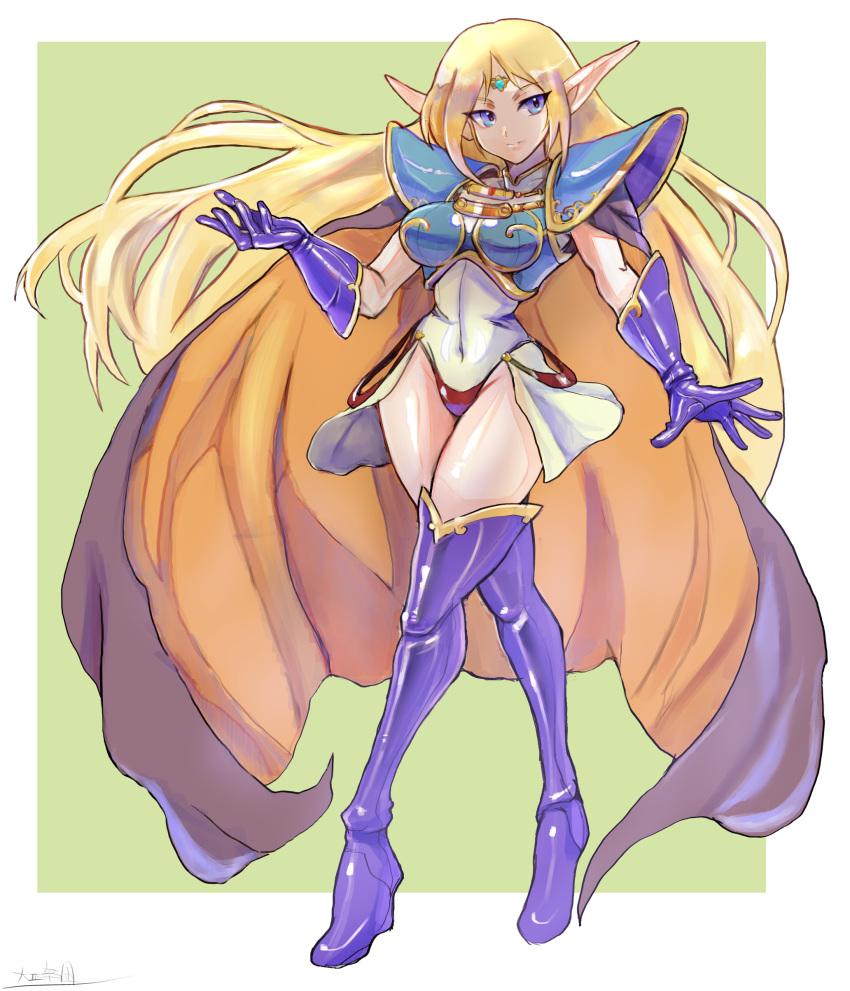 1girl absurdres armor bangs blonde_hair blue_footwear blue_gloves boots breastplate breasts cape covered_navel crossed_legs deedlit elf fantasy floating_hair forehead_jewel gloves highres leotard long_hair long_pointy_ears medium_breasts oomasa_teikoku open_hands pointy_ears record_of_lodoss_war shoulder_armor solo thigh_boots thighhighs