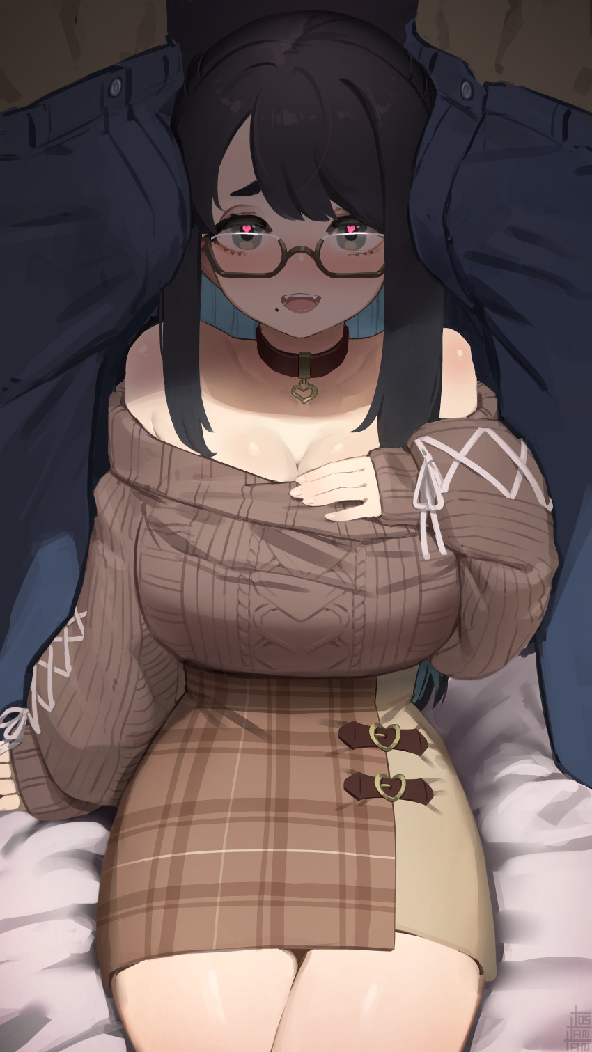 1girl 2boys absurdres aran_sweater asymmetrical_bangs bangs bare_shoulders black_hair blue_hair blush borrowed_character boy_sandwich breasts brown-framed_eyewear brown_sweater choco-chan choker cleavage cleavage_reach colored_inner_hair dark-skinned_male dark_skin english_commentary fang fangs fingernails glasses green_eyes group_sex heart heart-shaped_pupils heart_choker highres imminent_sex interracial large_breasts legs_together long_hair looking_at_viewer mmf_threesome mole mole_under_mouth multicolored_hair multiple_boys naughty_face no_bra nose_blush off-shoulder_sweater off_shoulder on_bed open_mouth original plaid plaid_skirt sandwiched semi-rimless_eyewear sitting skirt solo_focus sweater symbol-shaped_pupils threesome tongue tostantan two-tone_hair under-rim_eyewear