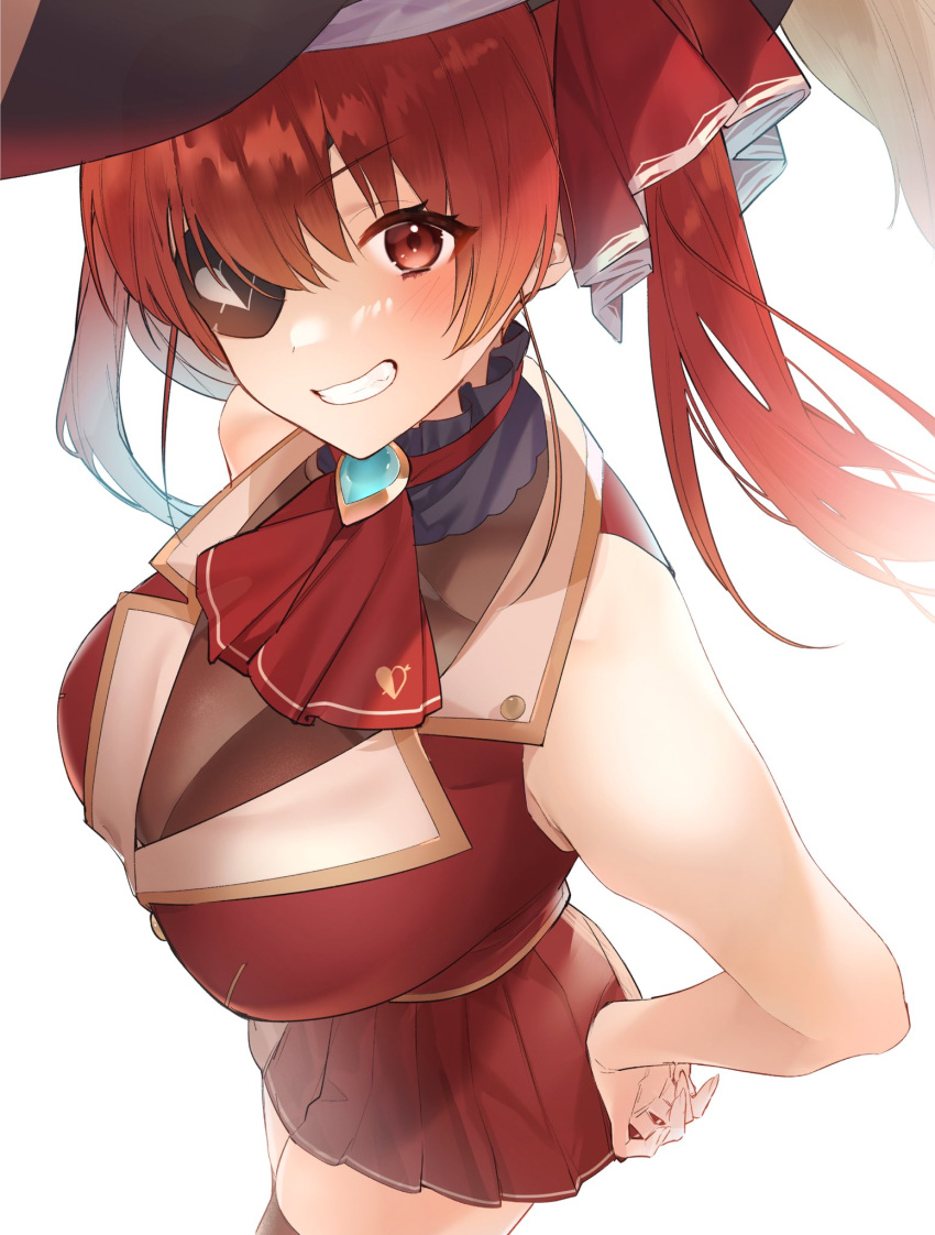 1girl bangs black_eyepatch black_headwear breasts cropped_jacket hand_on_hip hat highres hololive hololive_fantasy houshou_marine jacket large_breasts leotard leotard_under_clothes long_hair off_shoulder pirate pirate_hat red_eyes red_hair red_jacket red_ribbon ribbon sheer_leotard simple_background sino42 sleeveless sleeveless_jacket smile solo thighhighs twintails virtual_youtuber