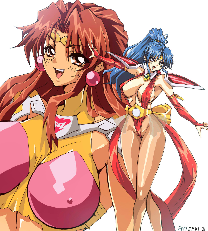 2girls armor artist_name blue_eyes breasts brown_eyes brown_hair choujin_gakuen_gowcaizer cleavage commentary_request covered_nipples earrings elbow_gloves fingerless_gloves gloves highleg highres hishizaki_shaia_(gowcaizer) jewelry large_breasts lips long_hair looking_at_viewer multiple_girls open_mouth pantyhose ponytail red_gloves revealing_clothes shiny shiny_clothes shiny_hair shoulder_armor signature simple_background smile son_karin tied_hair turtleneck upper_body white_background wpdh4443