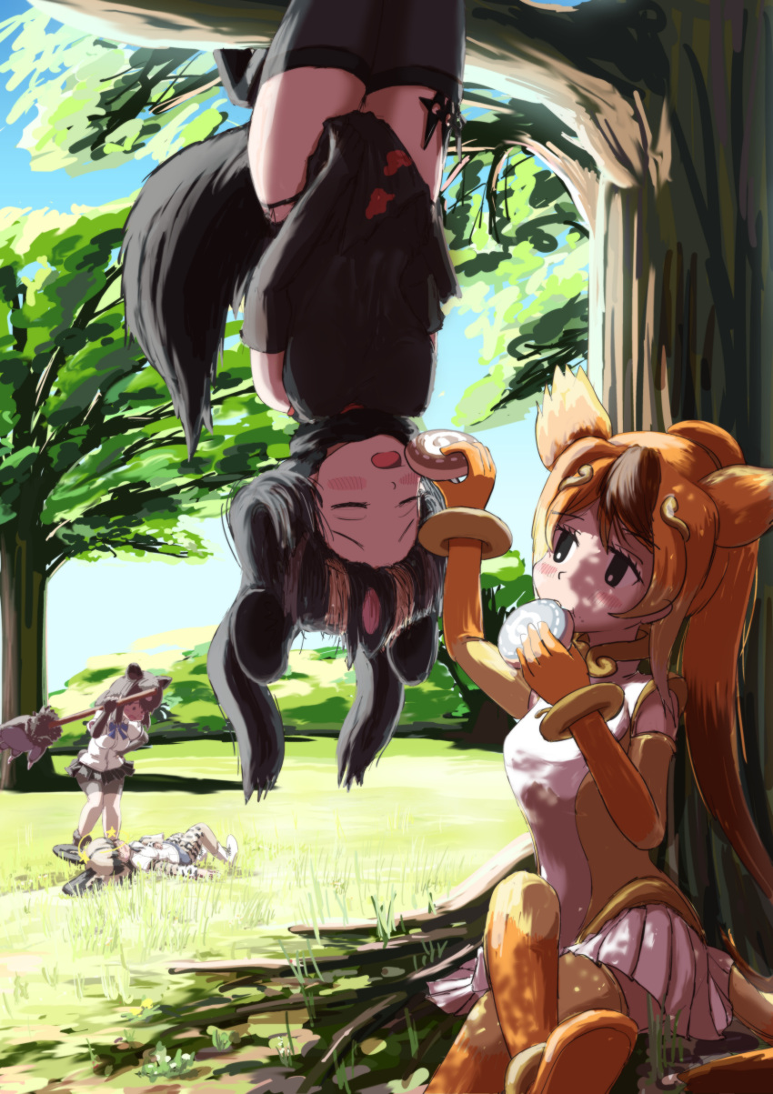 4girls @_@ absurdres african_wild_dog_(kemono_friends) animal_ears arm_up aye-aye_(kemono_friends) bear_ears bear_paw_hammer black_hair blush bodystocking brown_bear_(kemono_friends) brown_hair china_dress chinese_clothes closed_eyes colored_inner_hair commentary_request crossed_legs dappled_sunlight day dog_ears dress dress_tug elbow_gloves extra_ears eyebrows_visible_through_hair feeding flying_sweatdrops food gloves golden_snub-nosed_monkey_(kemono_friends) grey_hair hand_on_hip hand_up hanging high_ponytail highres holding holding_food holding_weapon japari_bun kemono_friends lemur_ears lemur_tail leotard long_hair looking_at_another lying microskirt monkey_ears monkey_tail multicolored_hair multiple_girls on_back open_mouth orange_hair outdoors pink_hair shirt shorts shuriken sitting skirt star_(symbol) sunlight tail teriiman thighhighs tree tree_shade twintails unconscious upside-down very_long_hair weapon worried