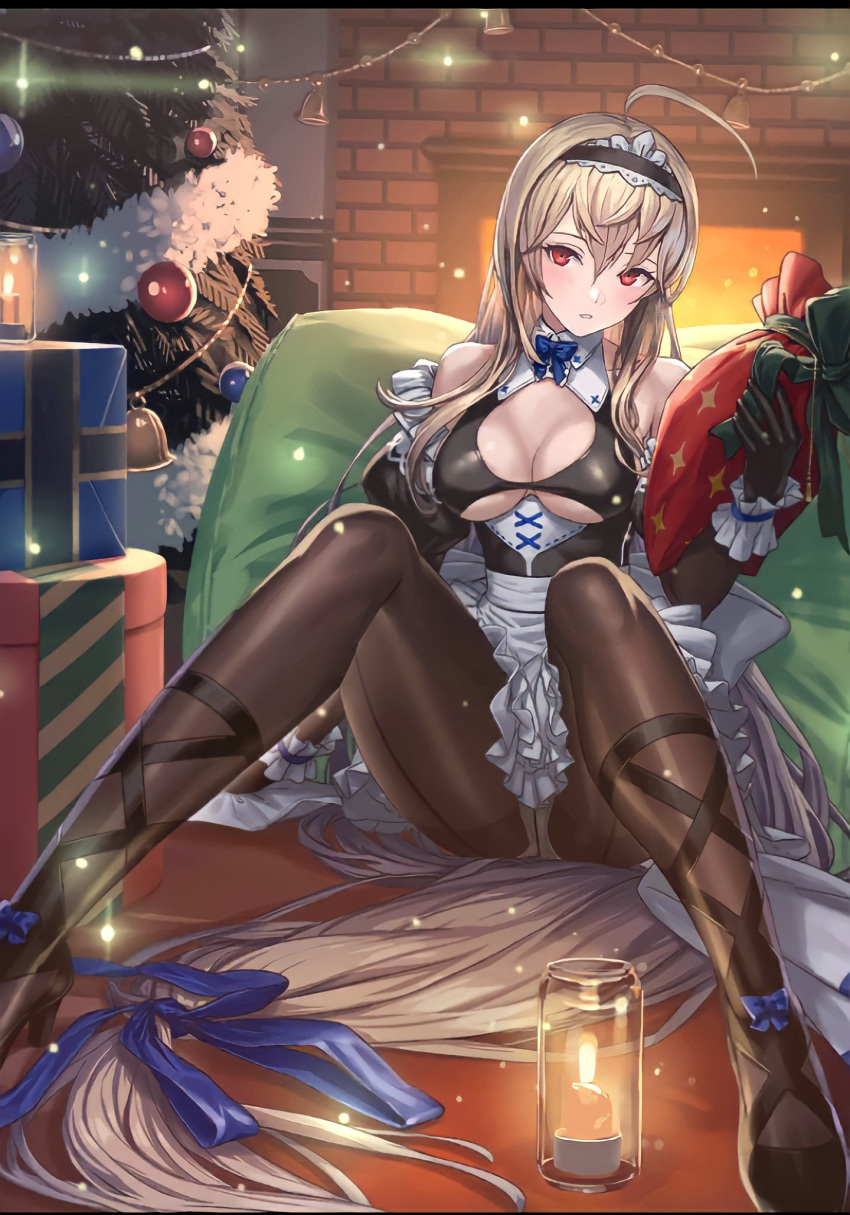1girl ankle_lace-up apron bare_shoulders bodystocking bow bowtie breasts brown_hair candle christmas_lights christmas_ornaments christmas_present christmas_tree cleavage cleavage_cutout clothing_cutout collar cross-laced_footwear cuboon evertale evolution fireplace gift hairband highres leaning_back leotard long_hair looking_at_viewer maid maid_apron medium_breasts panties panties_under_pantyhose pantyhose pillow red_eyes rizette see-through see-through_legwear see-through_sleeves sitting solo spread_legs underwear very_long_hair