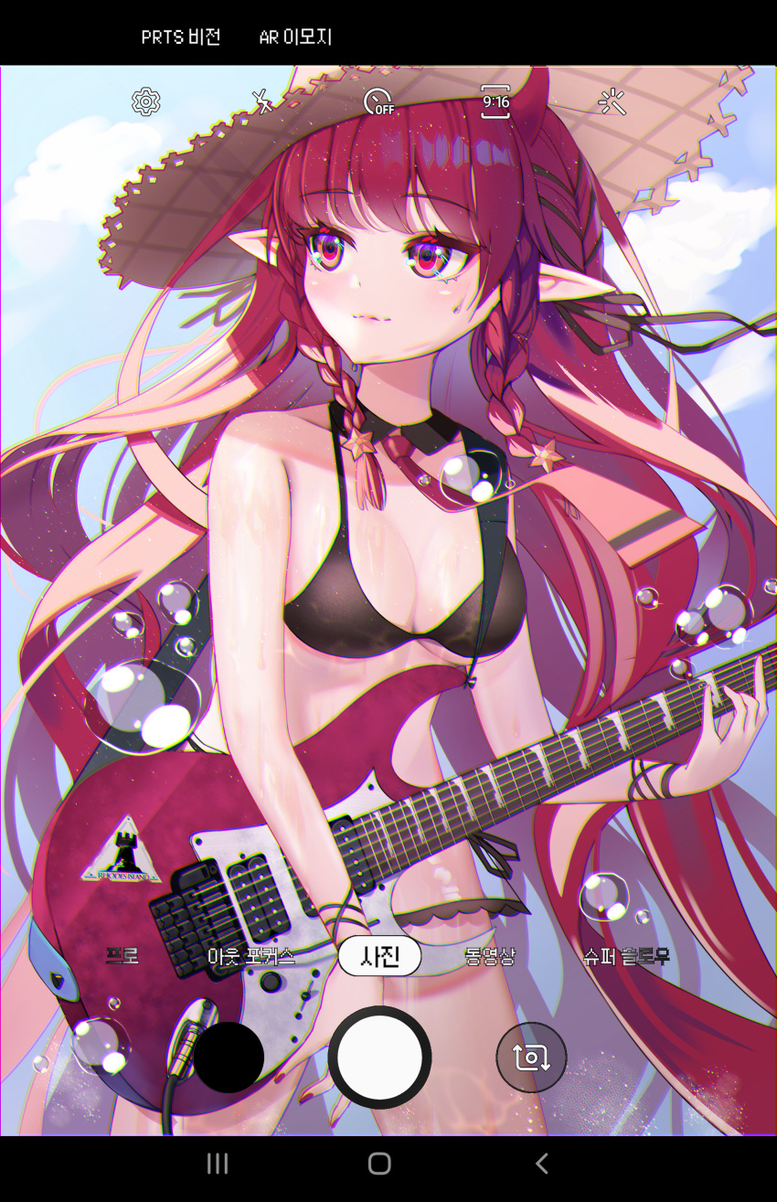 1girl absurdres arknights bikini black_bikini blue_sky braid breasts bubble cleavage closed_mouth cloud commentary_request cowboy_shot demon_horns detached_collar electric_guitar eyelashes geomiddang guitar hair_ribbon hat highres holding holding_instrument horns huge_filesize instrument light_smile long_hair looking_at_viewer looking_away medium_breasts necktie official_alternate_costume outdoors phone_screen pointy_ears red_eyes red_hair red_neckwear rhodes_island_logo ribbon side-tie_bikini side_braids sky solo stomach straw_hat swimsuit twin_braids vigna_(arknights) vigna_(casual_vacation)_(arknights) wing_collar wristband