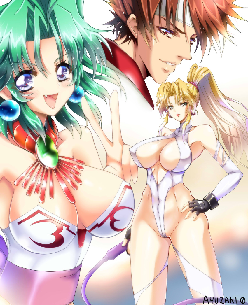 1boy 2girls absurdres artist_name bare_shoulders blonde_hair blue_eyes blush breasts brown_hair cleavage closed_mouth commentary_request covered_collarbone covered_navel earrings eiji_shinjo ellis_(toushinden) fang fingerless_gloves gloves green_eyes green_hair hand_on_hip headband high_ponytail highleg highleg_leotard highres holding holding_weapon jewelry large_breasts leotard lips long_hair looking_at_viewer multiple_girls open_mouth parted_lips ponytail purple_eyes short_hair signature simple_background smile sofia_(toushinden) strapless strapless_leotard thighs tied_hair toushinden turtleneck upper_body v weapon whip white_leotard wpdh4443