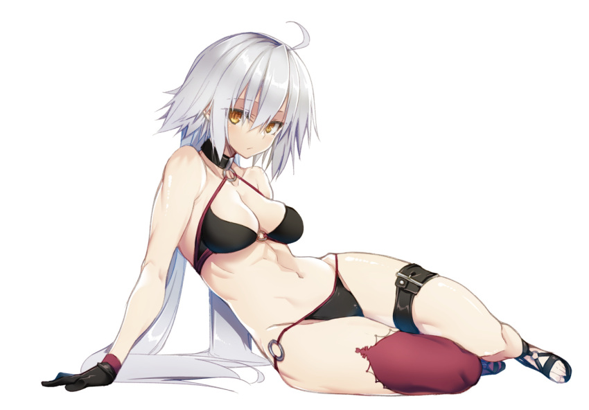 10mo 1girl ahoge bikini black_bikini black_choker black_gloves breasts choker cleavage commentary fate/grand_order fate_(series) gloves jeanne_d'arc_(alter_swimsuit_berserker)_(fate) jeanne_d'arc_(fate)_(all) long_hair medium_breasts o-ring o-ring_bikini red_legwear sandals silver_hair single_thighhigh swimsuit thighhighs very_long_hair white_background white_hair yellow_eyes