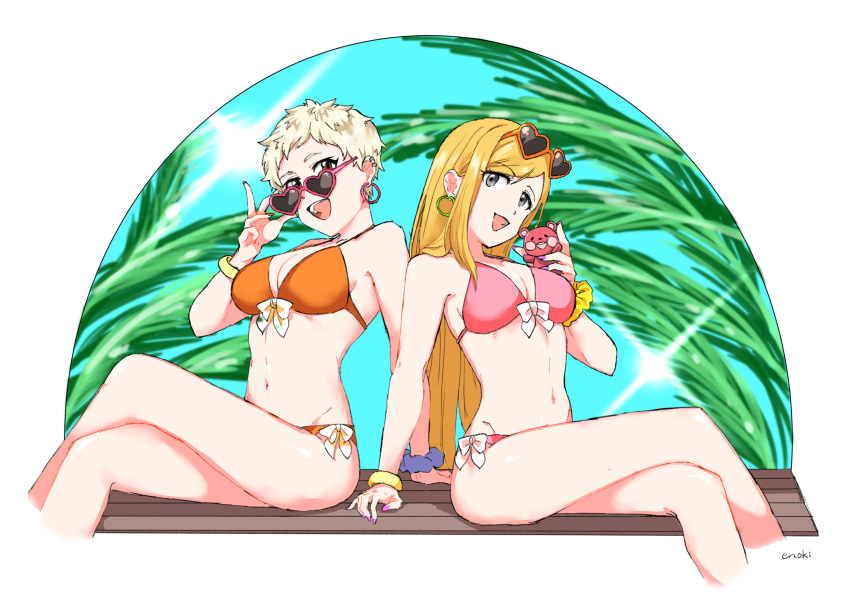 2girls absurdres arm_support artist_name bangs bare_arms bare_legs bikini blonde_hair blue_sky bow bow_bikini bracelet breasts brown_eyes cleavage commentary_request cropped_legs crossed_legs diffraction_spikes e-no-ki ear_piercing earrings eyebrows_visible_through_hair eyewear_on_head feet_out_of_frame fujimoto_rina grey_eyes hand_up heart heart-shaped_eyewear highres holding holding_stuffed_toy hoop_earrings idolmaster idolmaster_cinderella_girls jewelry leaf legs long_hair looking_at_viewer looking_over_eyewear medium_breasts multiple_girls nail_polish navel open_mouth orange_bikini orange_hair piercing pink_bikini pink_nails senzaki_ema short_hair sitting sky smile stomach stuffed_animal stuffed_toy sunglasses swimsuit teddy_bear tinted_eyewear upper_teeth white_background white_bow