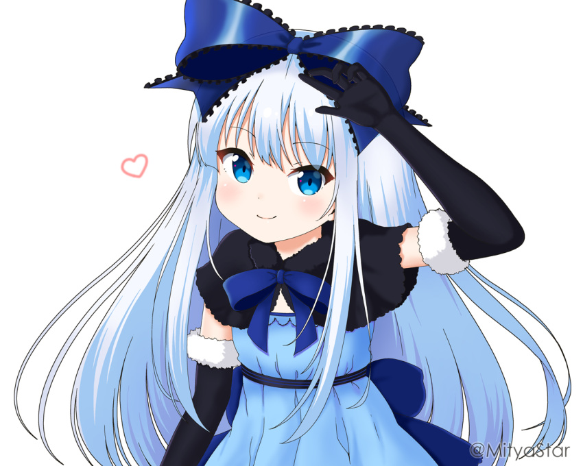 1girl aizawa_rei arm_up bangs black_capelet black_gloves blue_bow blue_dress blue_eyes blue_hair blush bow capelet closed_mouth commentary_request dress elbow_gloves eyebrows_visible_through_hair fur-trimmed_gloves fur_trim gloves hair_between_eyes hair_bow long_hair looking_at_viewer microsoft miicha silverlight simple_background smile solo twitter_username very_long_hair white_background